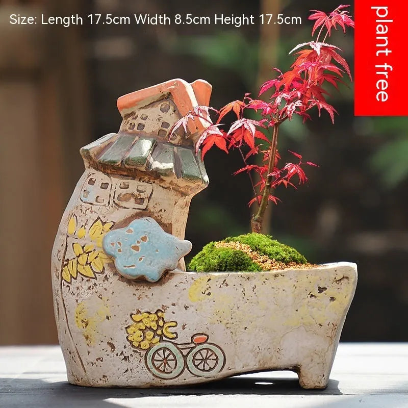Hand-painted ceramic combination pot with cute pastoral decoration for succulent and flower displays