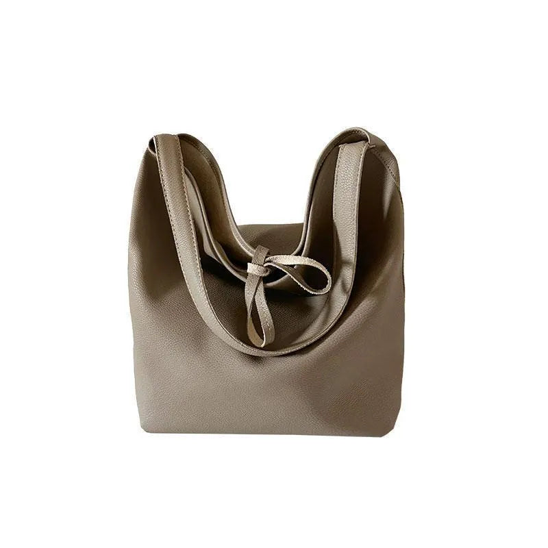 Large capacity black PU bucket shoulder tote bag with sewing thread detail