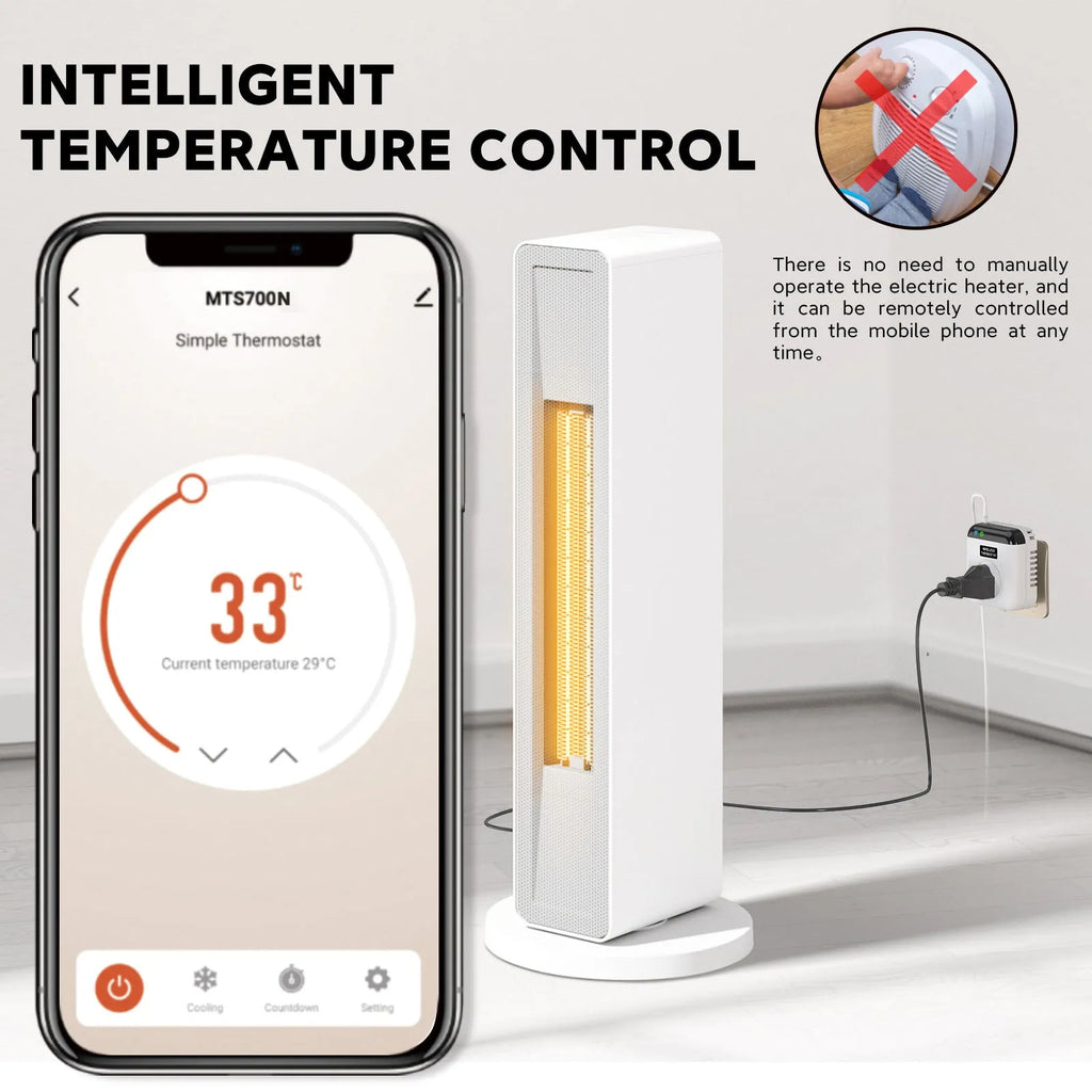 White smart socket with European 2-pin plug showing thermostatic and voice control functionality