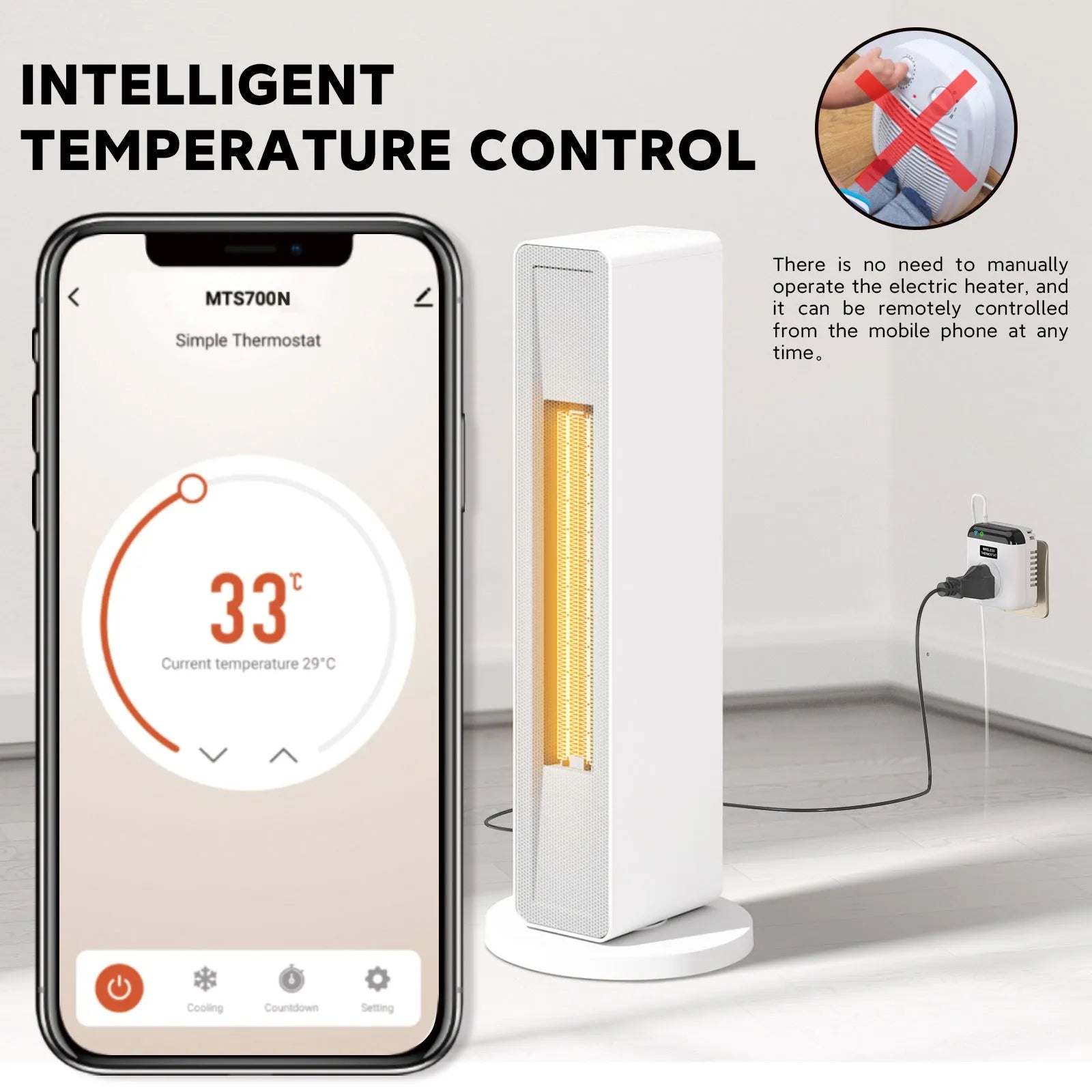 White smart socket with European 2-pin plug showing thermostatic and voice control functionality