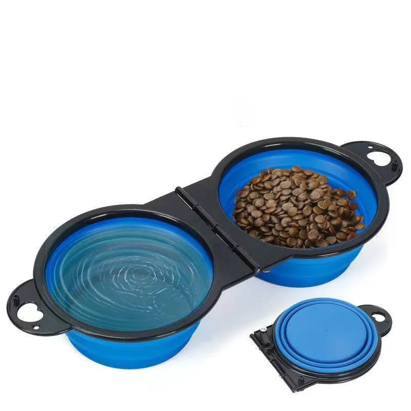 Blue folding silicone double pet bowl with two compartments for dog or cat food and water