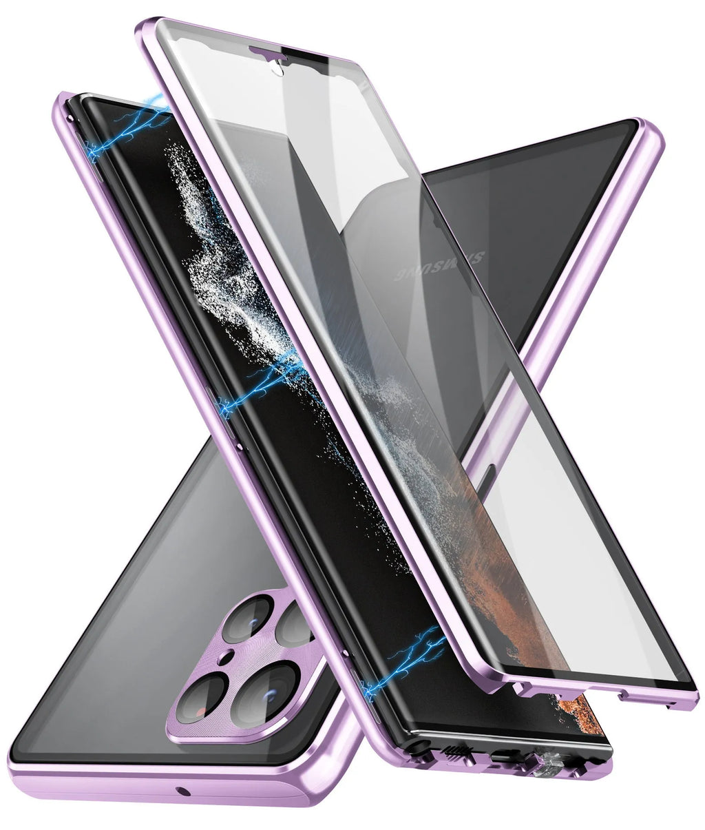 Black metal magnetic phone case with a built-in peep-proof mirror for Samsung S24 Ultra.