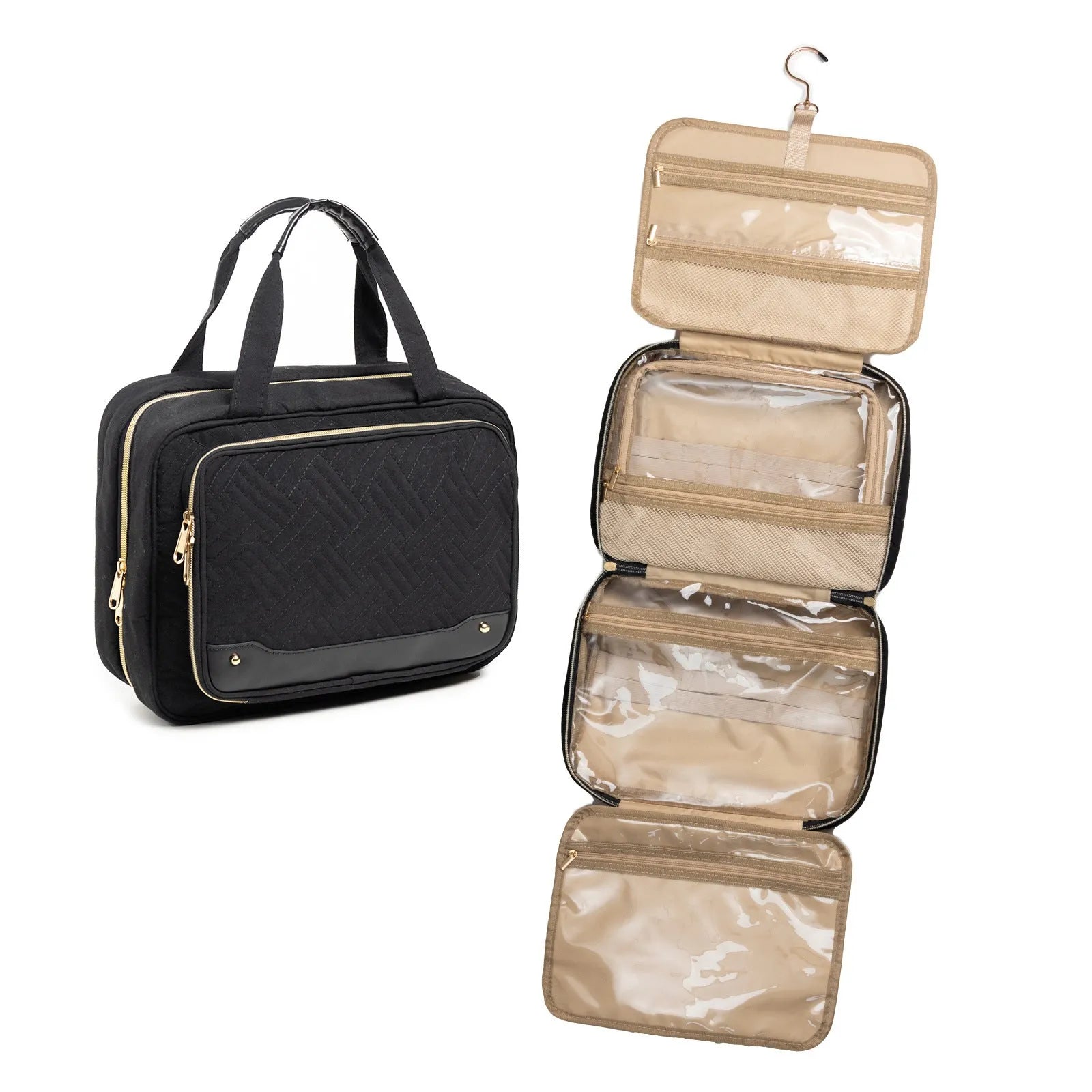 Women's hanging storage cosmetic bag in waterproof polyester, black or pink solid colour, dimensions 30.5cm