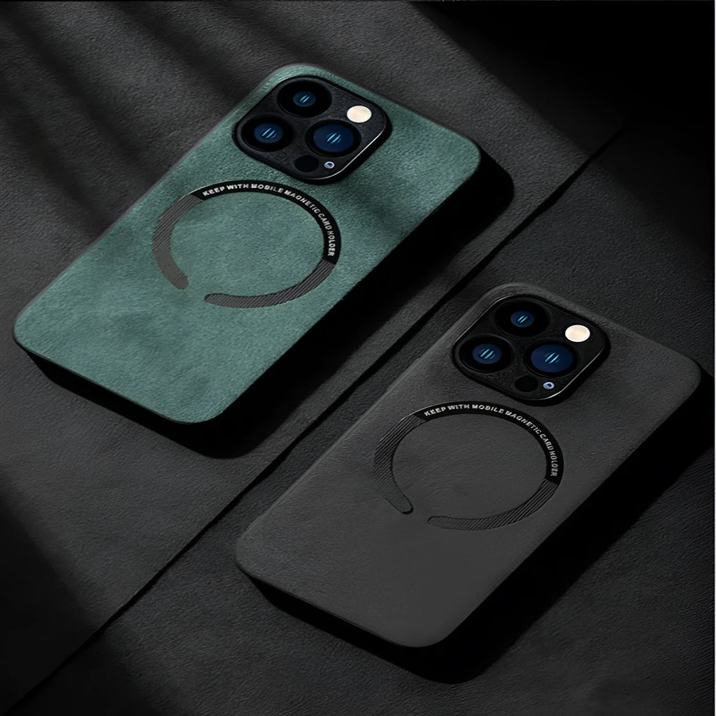 Flip fur magnetic silicone phone case for iPhone showing black back cover with fur flap closed