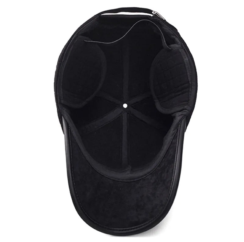 Men's winter ear protection thickened baseball cap, cotton warp knit, adjustable 56-60cm, black colour on white background