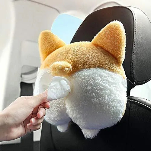 Yellow soft plush Corgi butt shaped tissue box cover for car sun visor and home