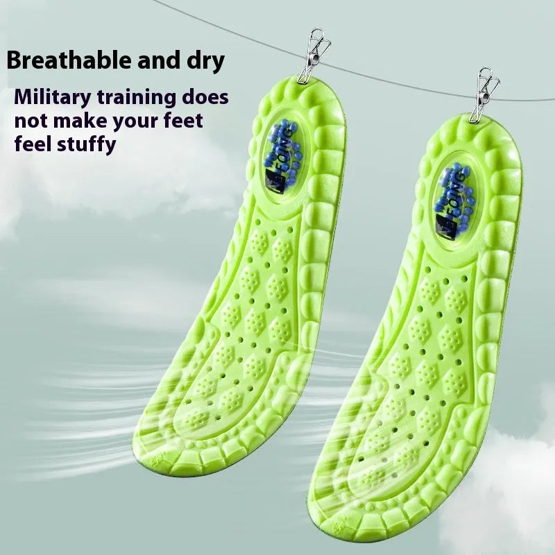 Green PU sports insole with air cushion shock absorption and argy wormwood material.