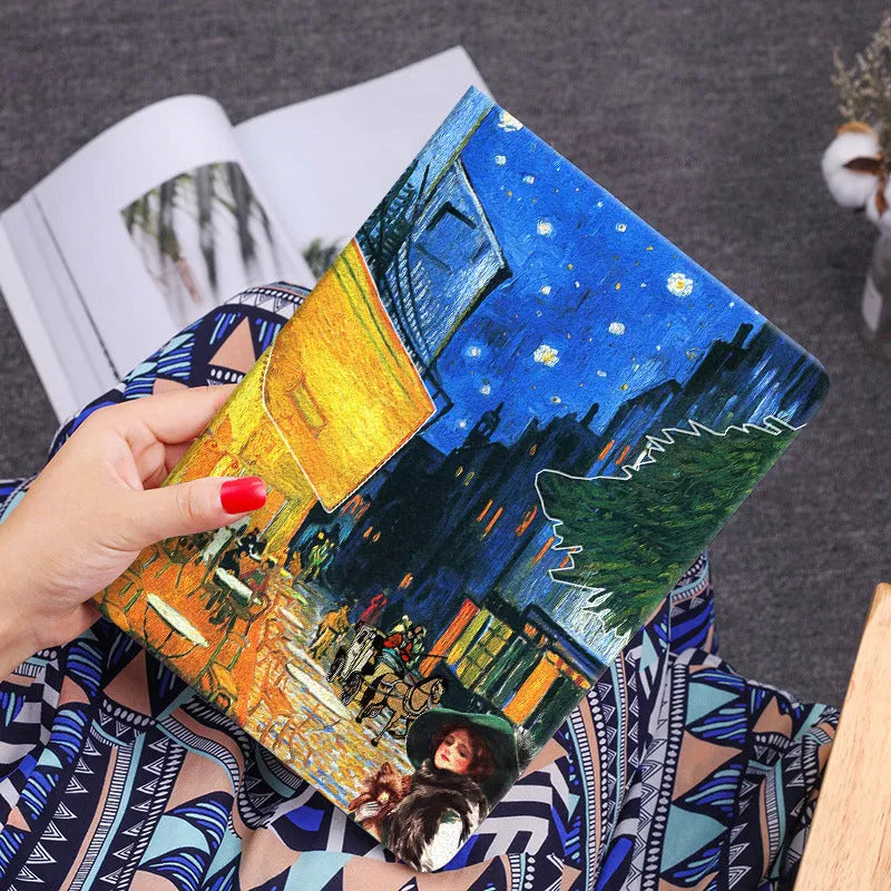 Handmade liquid silicone flip case for iPad with floral artwork on the cover.