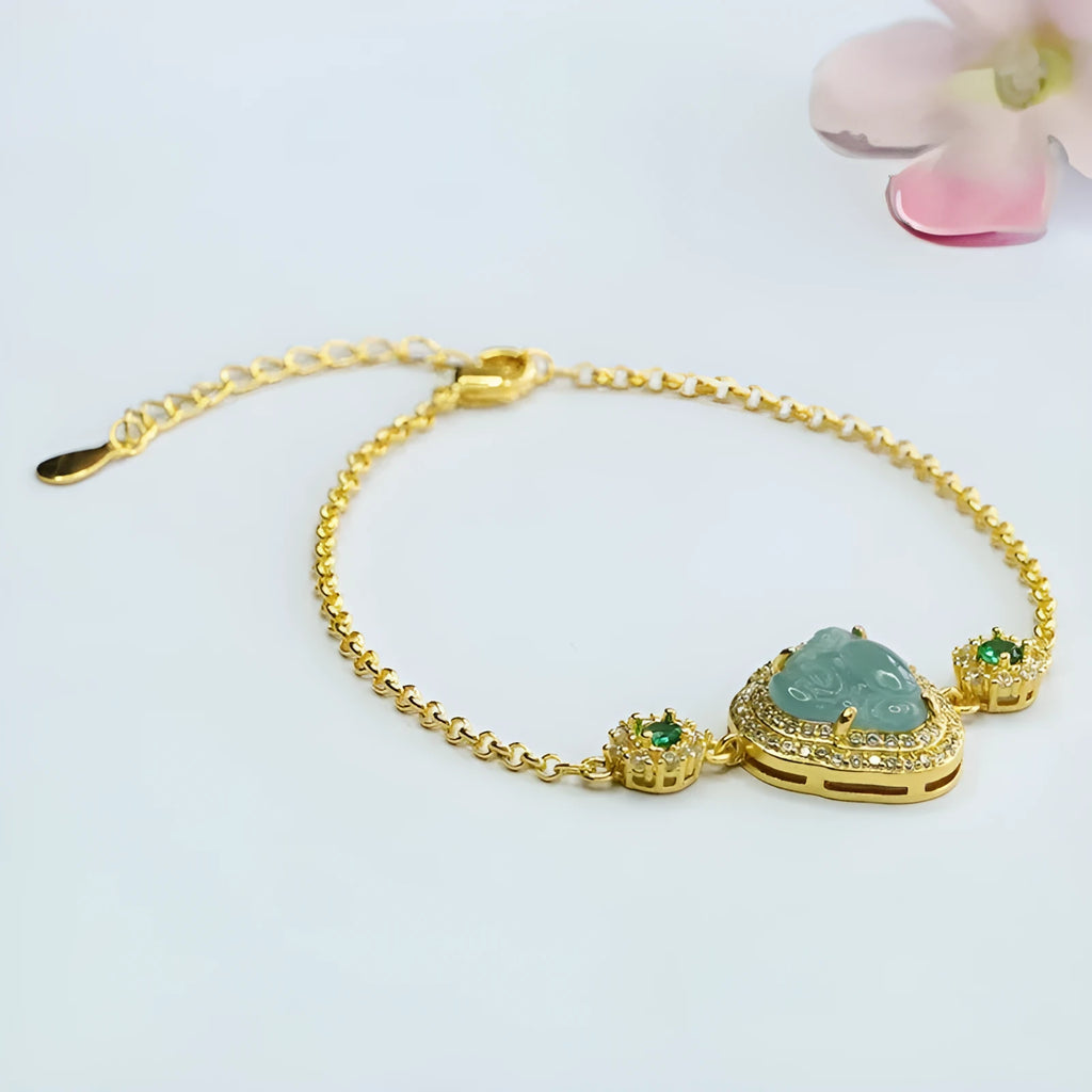 Emerald blue water jade bracelet with inlaid Maitreya Buddha design for women, measuring 10x13mm.