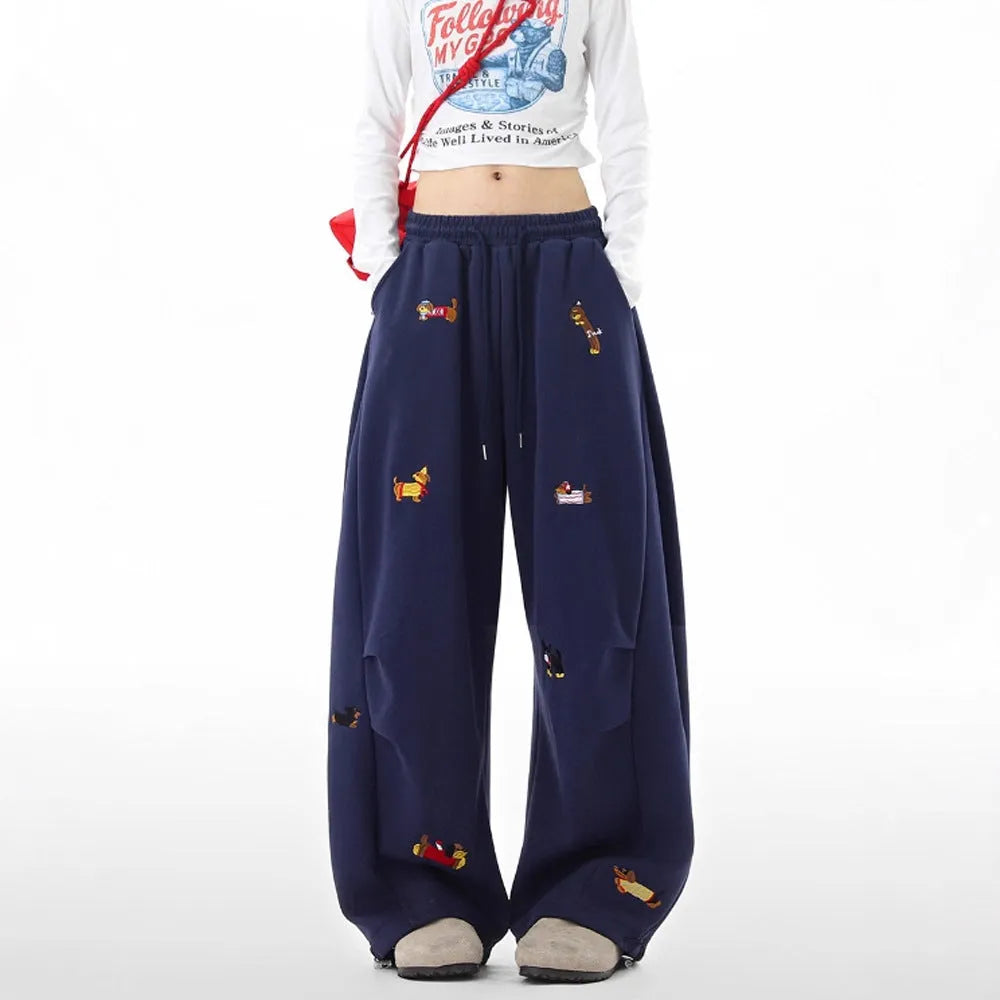Lazy Sausage Dog embroidered machete sweatpants for men, loose fit, polyester, autumn, gray