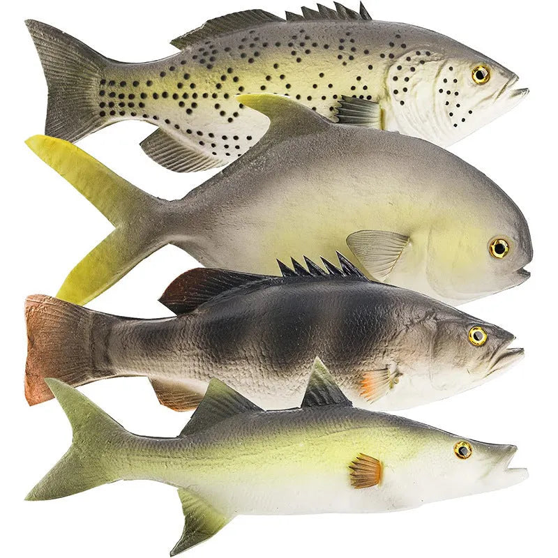 Detailed PU simulated fish ornament in yellow-fin tuna colour on a plain background.