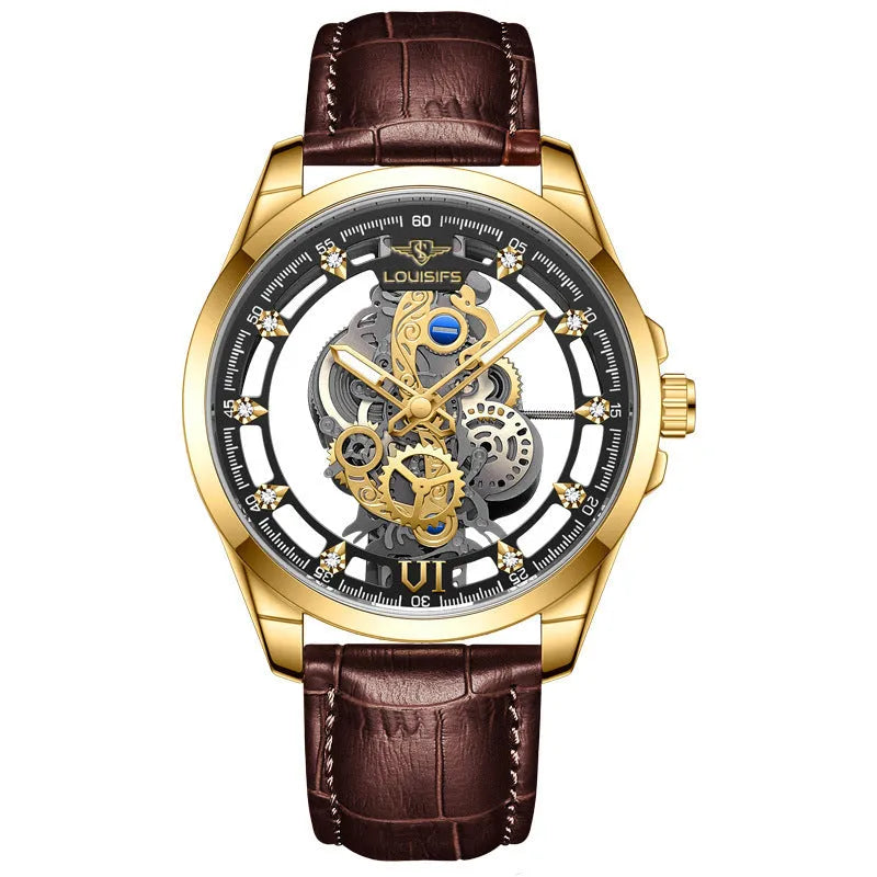 Swiss quartz men's business watch with a hollow metal case and brown leather strap.