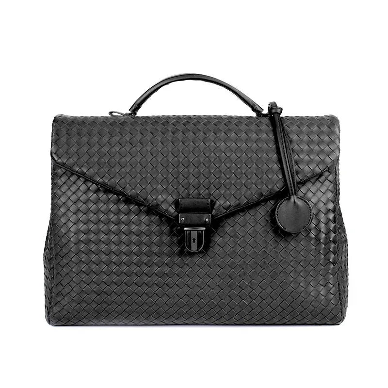 Men's handbag in black super fibre synthetic leather with clamshell knitting pattern, horizontal square shape, latch closure, and soft handle