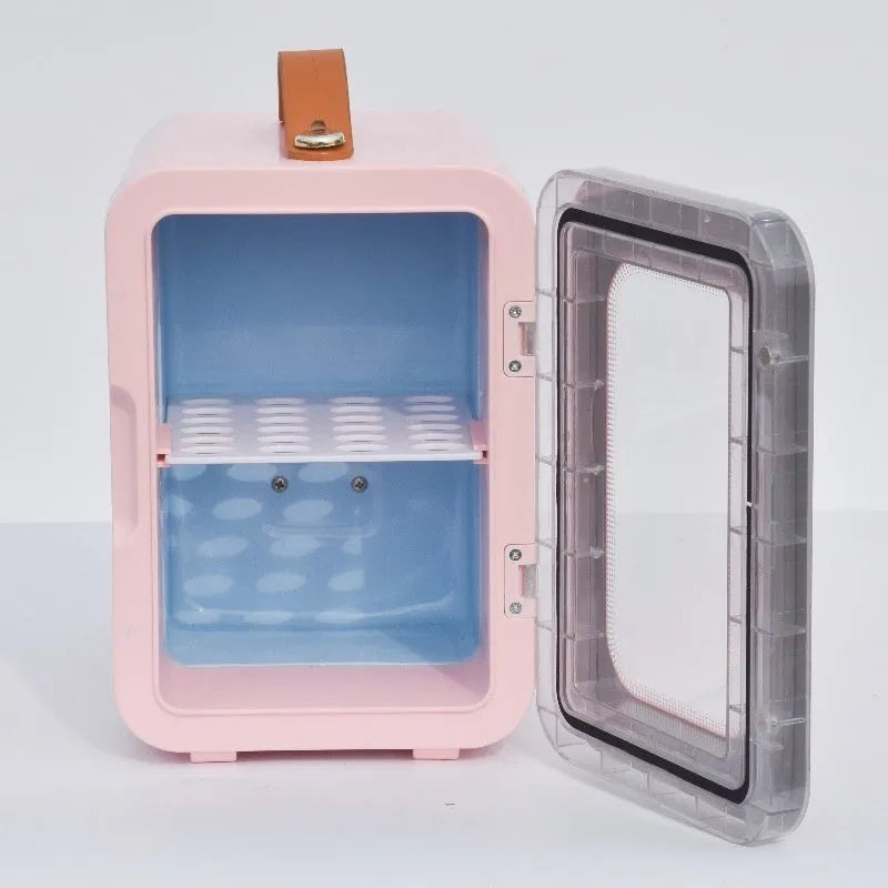 Car mini refrigerator with transparent door showing hot and cold dual-use function in black, pink or white colour options