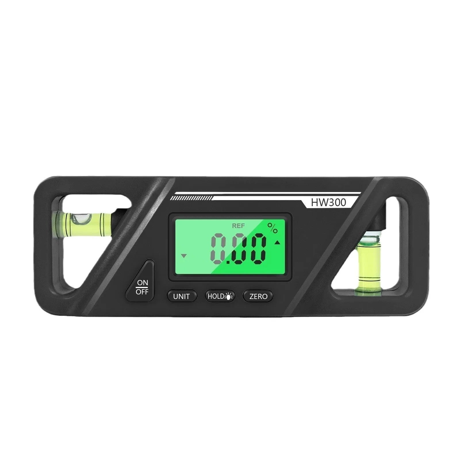 Digital display inclinometer level meter with magnetic base, showing angle reading on screen.