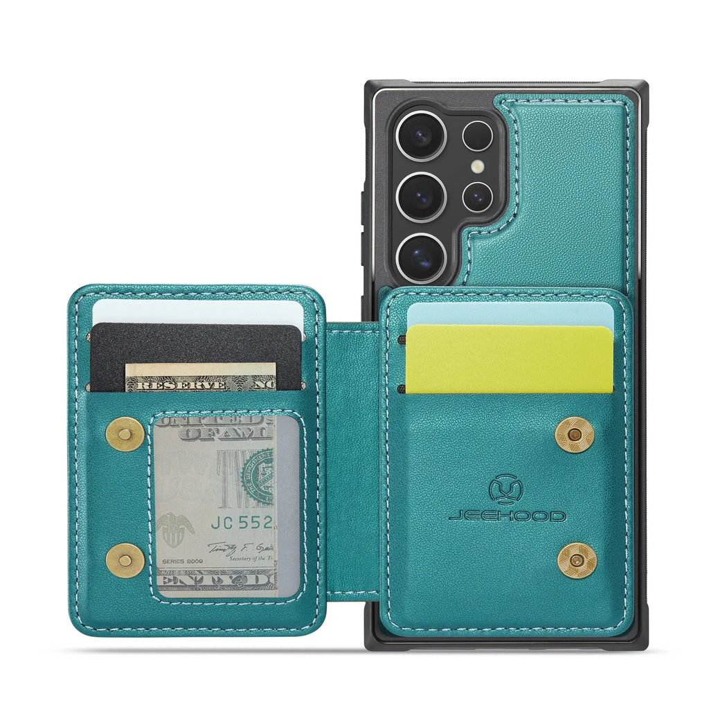 Magnetic card phone case for Samsung in black with drop-resistant imitation leather wallet style