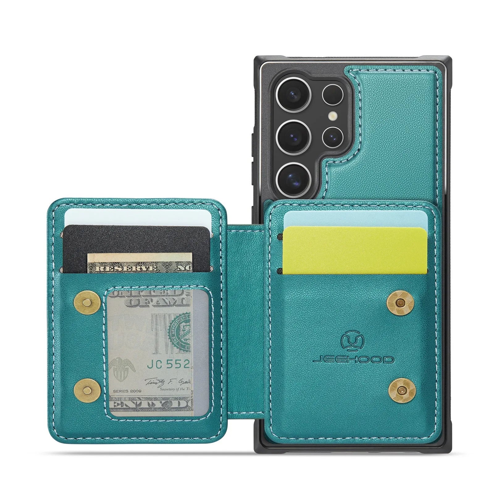 Magnetic card phone case for Samsung in black with drop-resistant imitation leather wallet style