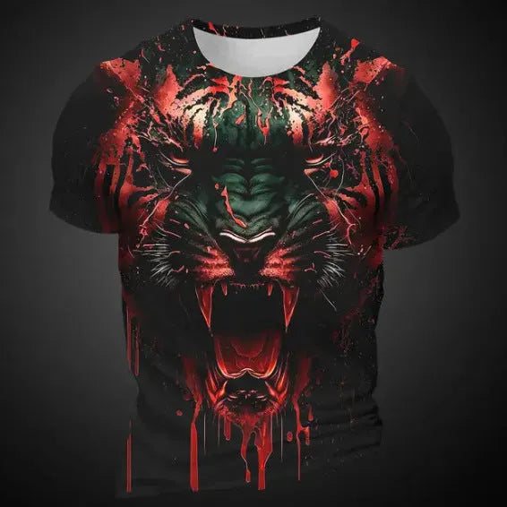 Men's 3D tiger pattern short sleeve polyester T-shirt on mannequin showing digital printing detail