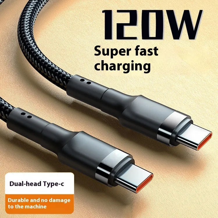 6A double USB Type-C cable, 120W fast charge, woven braided, silver or gold, 1m to 2.5m