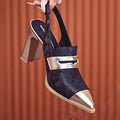 Korean style women's black chunky heel strap sandals with pointed toe and high-cut ankle design.