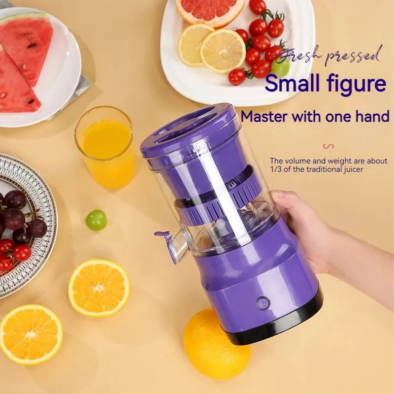 Purple USB rechargeable electric citrus juicer with cone-shaped reamer and 2400mAh battery