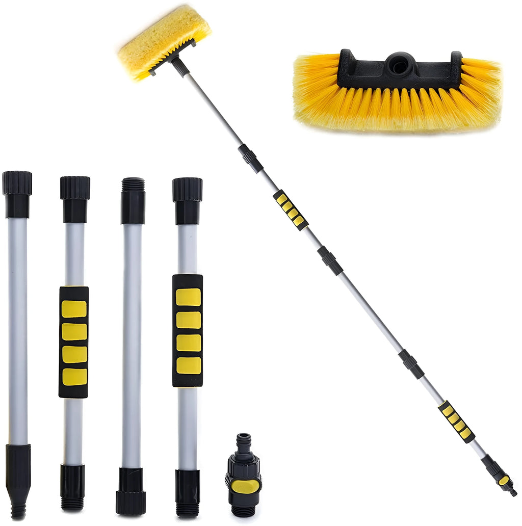 Yellow portable car wash brush with four-section extendable rod and removable flow-through cleaning head