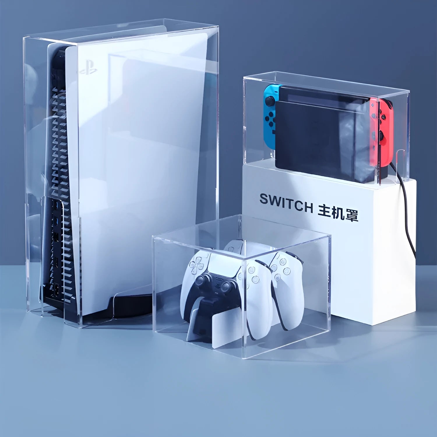 Acrylic transparent dust cover for PS4 Slim with handle storage box, clear finish, vertical and horizontal styles