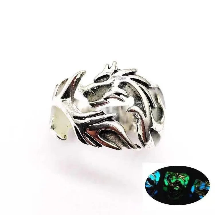 Adjustable opening Chinese style ring with luminous dragon pattern in antique silver blue and green.