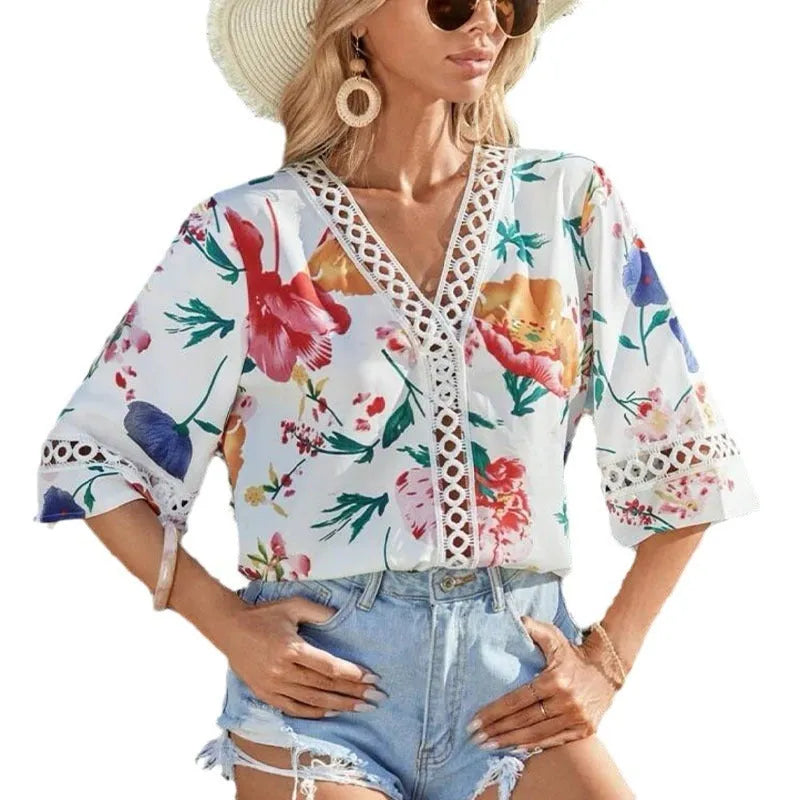 Loose V-neck bell-sleeve lace top for women in print and patchwork design, half sleeve pullover style