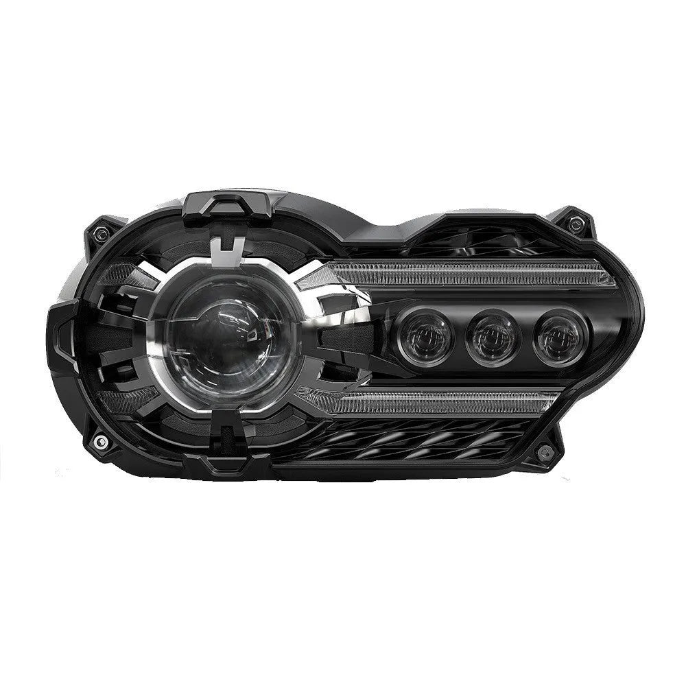 Black background LED motorcycle headlight unit for bike modification, showing polycarbonate lens.