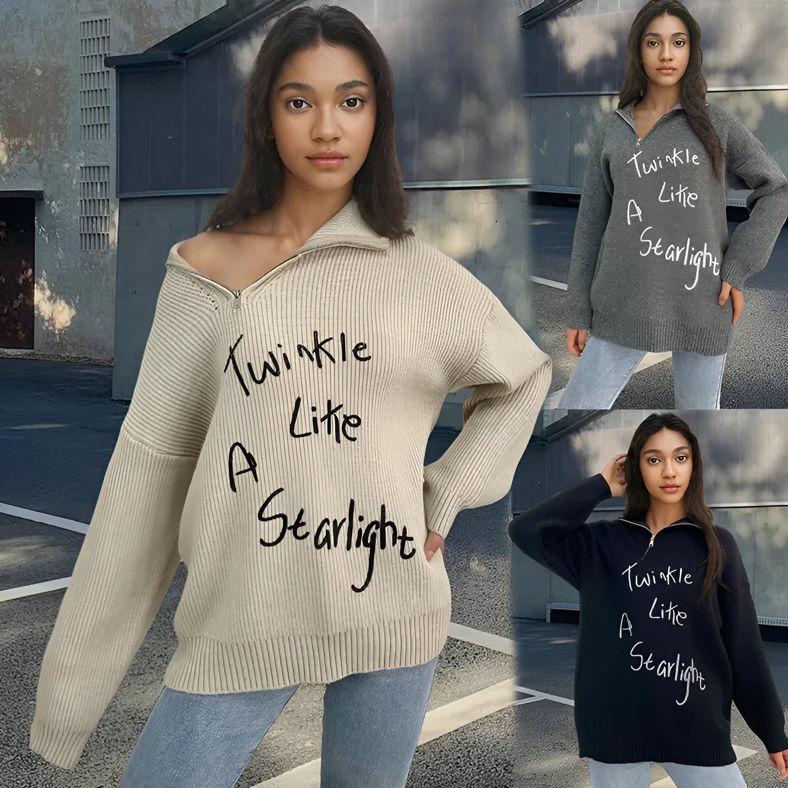 Women's light khaki alpaca fleece pullover sweater with a diagonal zip and retro turtleneck collar.
