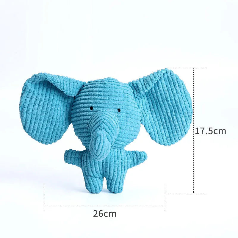 Animal-shaped plush dog chew toy with squeaker in multiple colour options
