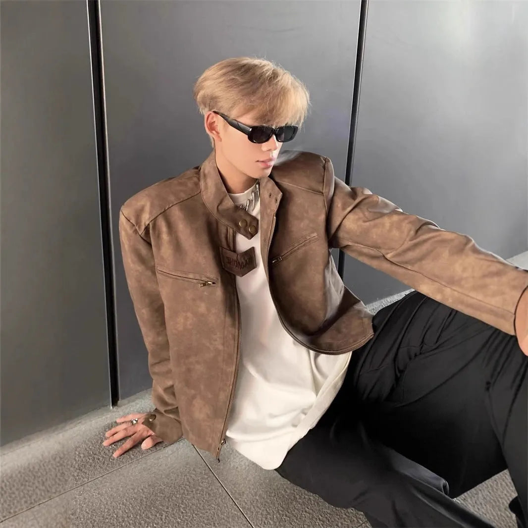 Men's brown loose cropped cotton blend jacket with straight hem and long sleeves