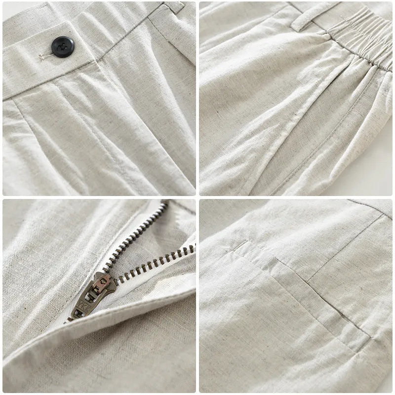 Men's straight-leg casual trousers in cotton-linen blend fabric with Japanese style design