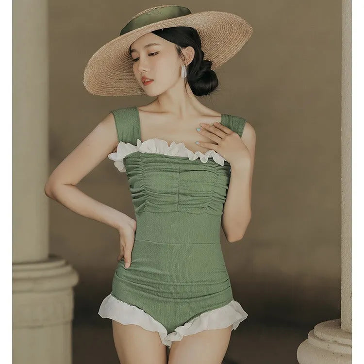 Korean style high waist one-piece swimsuit in quick-drying polyester fabric