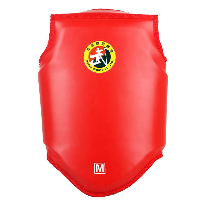 Sanda chest protector in PU material with integrated design, available in red, blue, and black colours for boxing training