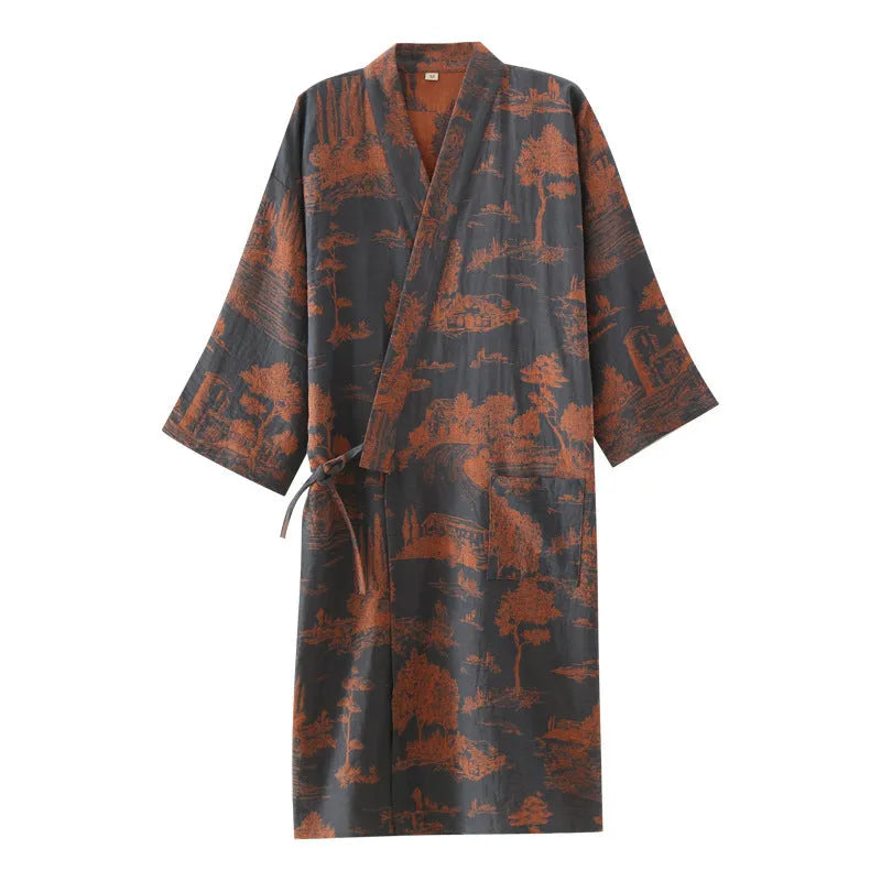 Men's cotton gauze kimono long dress bathrobe in dark blue, 95% cotton, with loose fit