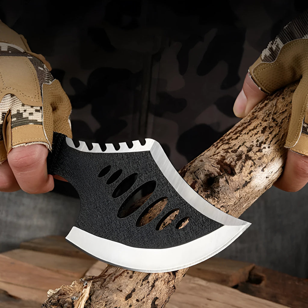 Multi purpose tactical axe with black high carbon steel blade and handle, 270mm total length, and woven umbrella rope handle guard