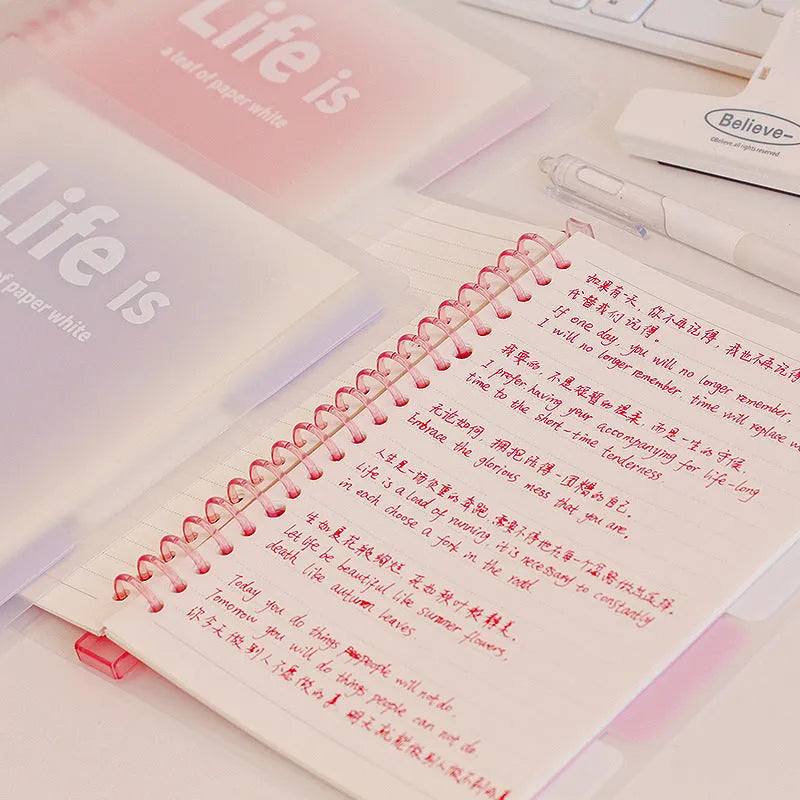 PP cover notebook in Dream Pink colour, A5 size, with lined wood-free paper pages and simple colourful design