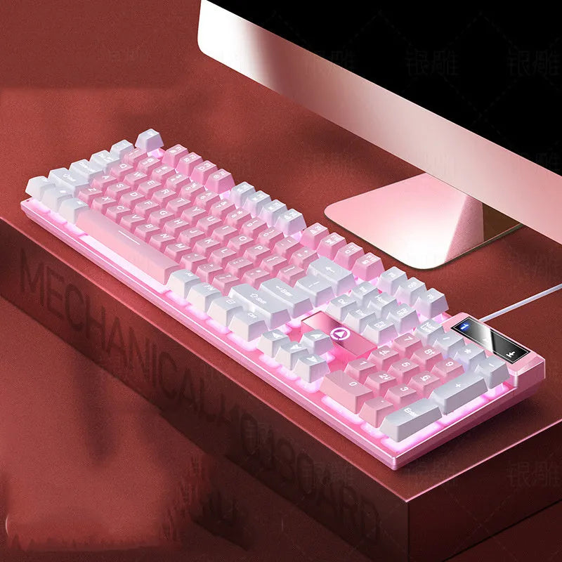 Wired plastic USB keyboard in purple white colour for computer game and office typing