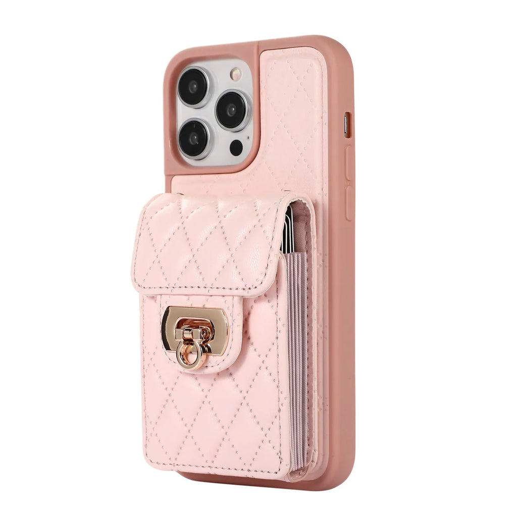 Black PU TPU back cover phone case with card holder slot and long lanyard for iPhone