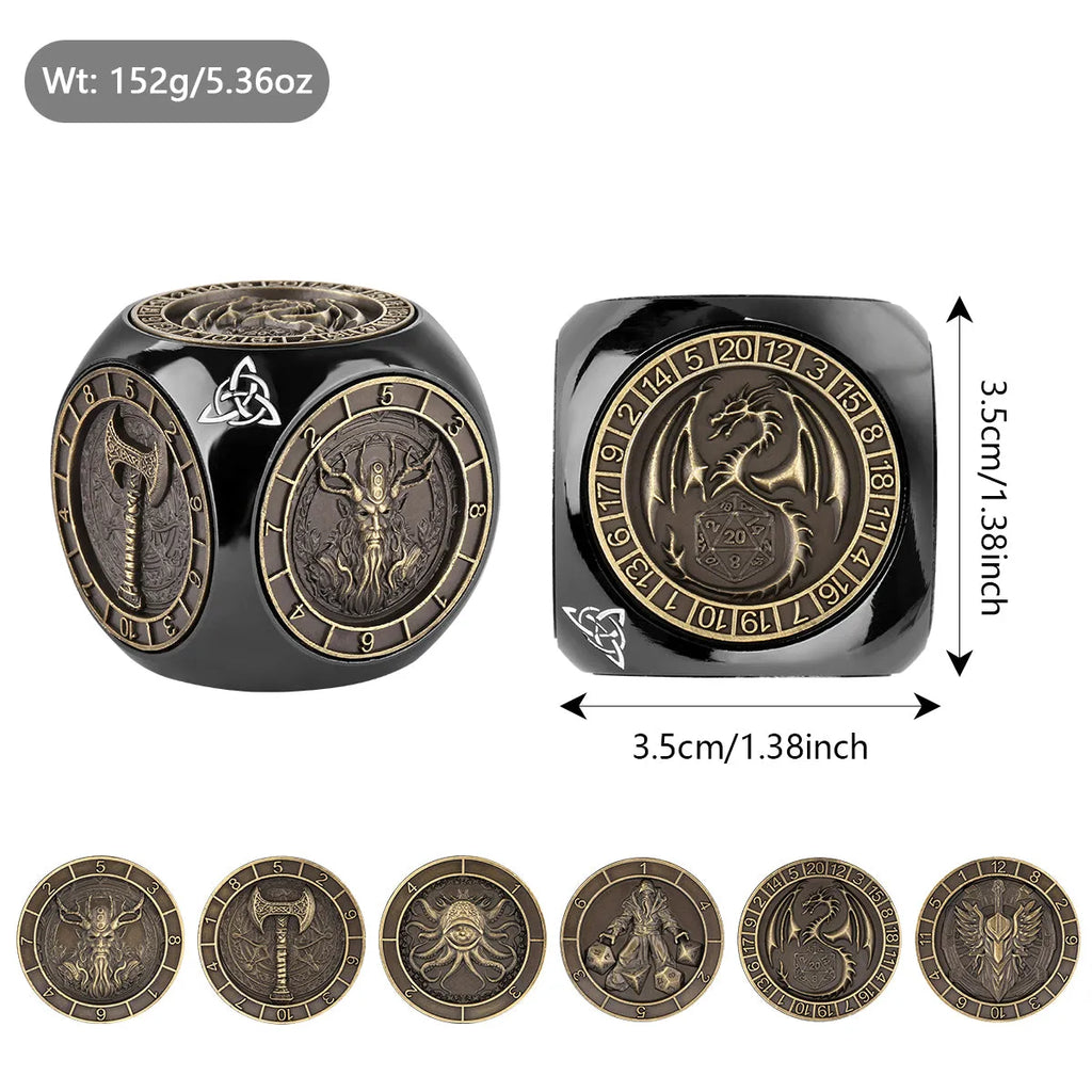6-pack retro metal dice wheel gift box set with bronze, dark silver, and black finishes on a tabletop