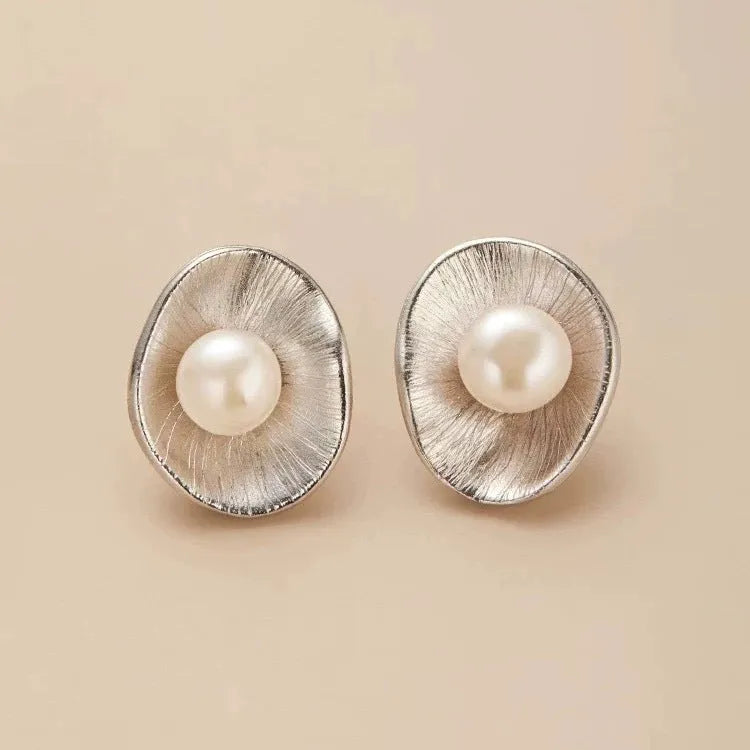 Pearl sterling silver geometric stud earrings with electroplated gold finish