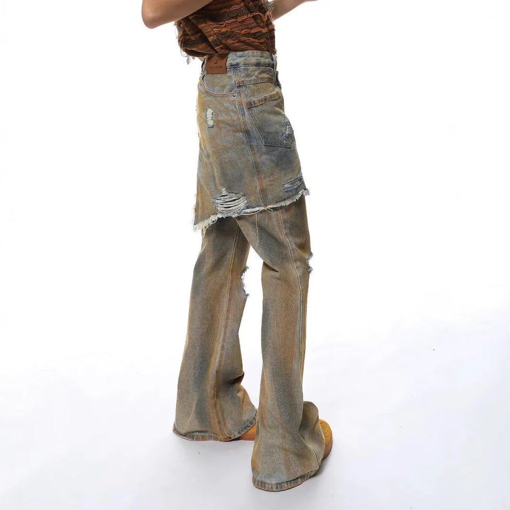 Light blue loose hole distressed bootcut jeans on a high-waist mannequin
