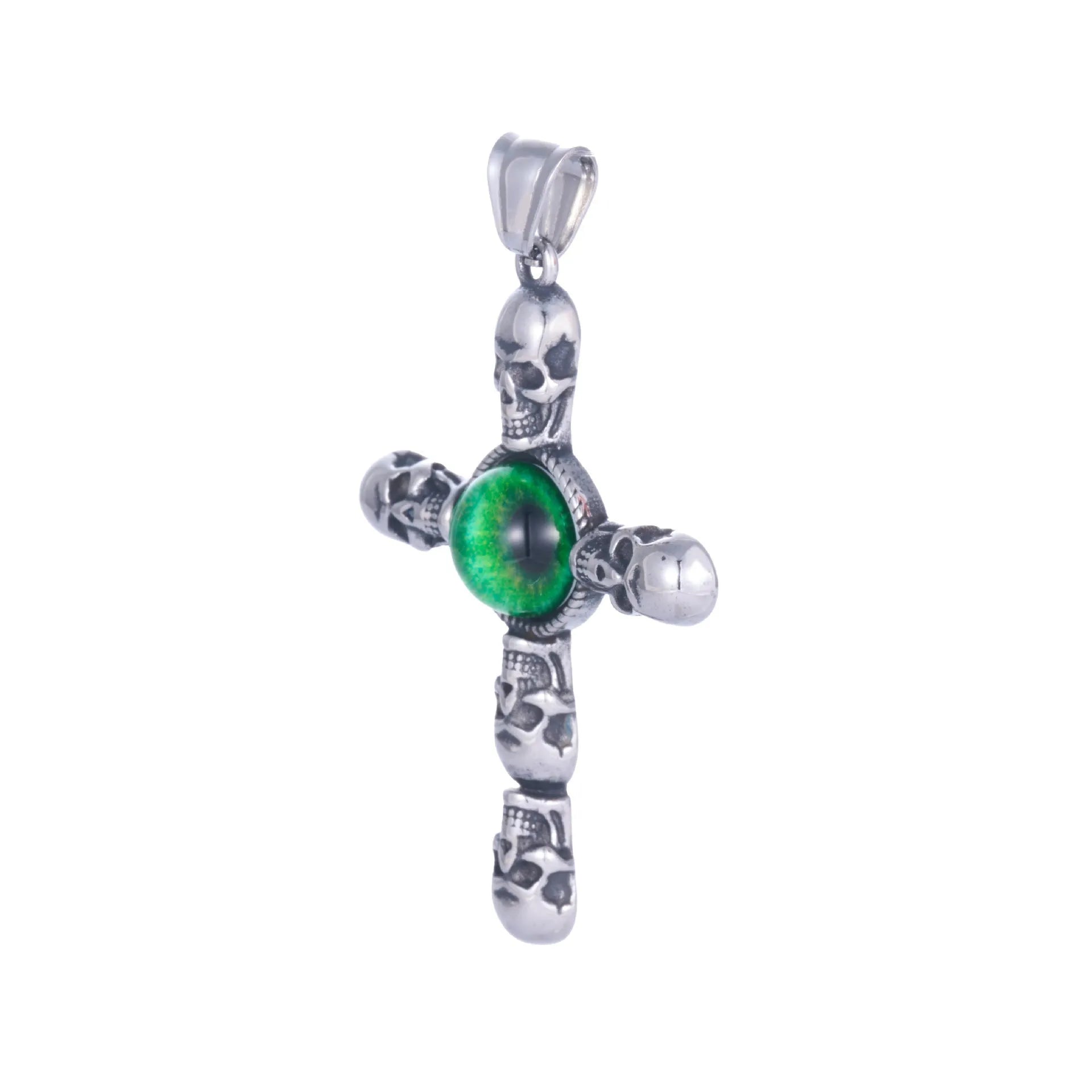 Stainless steel cross skull green eye pendant, geometric U-shaped men's pendant on dark background