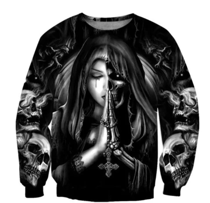 Adult wearing a black hooded sweatshirt with a large, textured 3D anime-style skull graphic on the front.