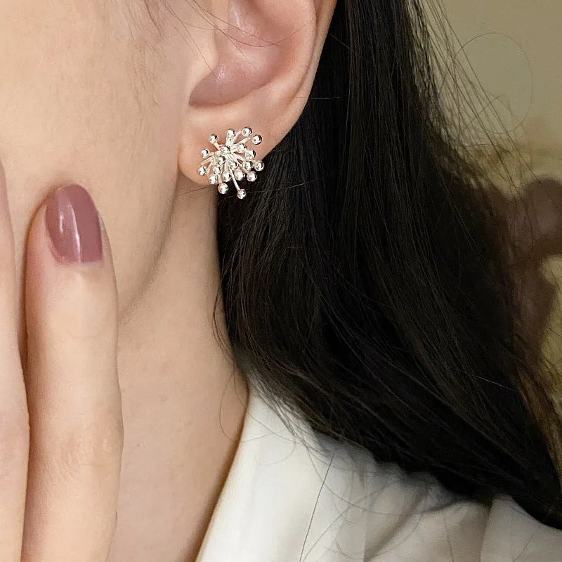 Women's silver needle stud earrings with electroplated dandelion fireworks geometric design on white background