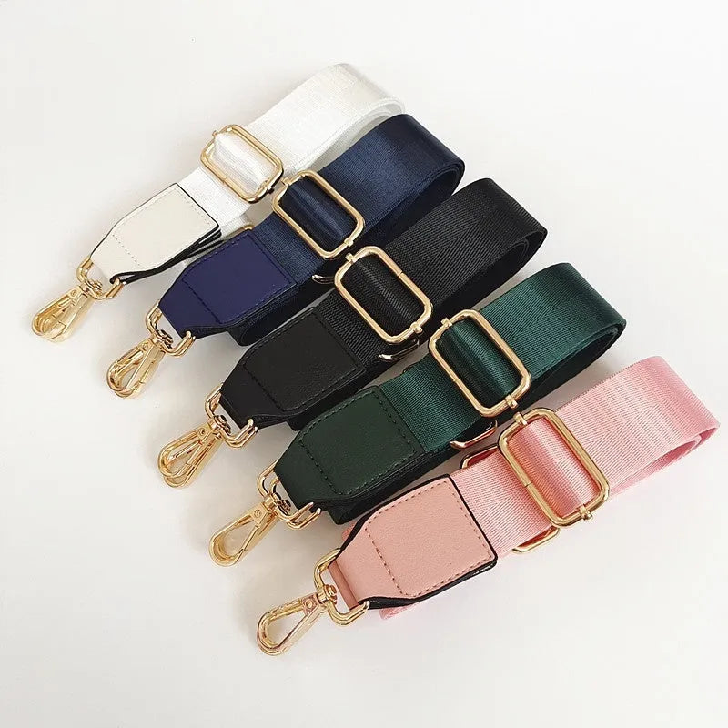 Adjustable nylon shoulder strap with gold hook, shown in 22 colour options for women's bag replacement