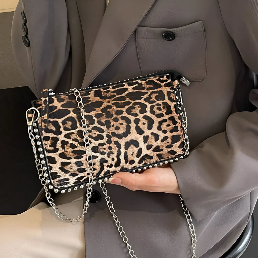 Western style niche casual crossbody underarm women's bag in dark brown with chain detail, horizontal square shape