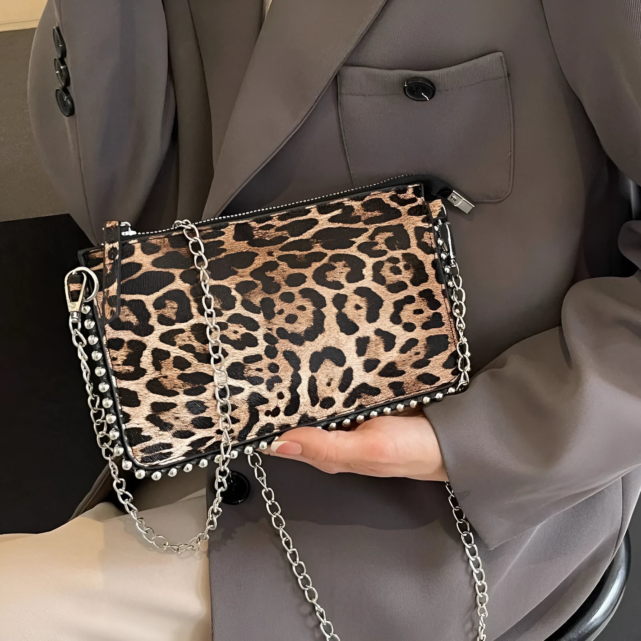 Western style niche casual crossbody underarm women's bag in dark brown with chain detail, horizontal square shape